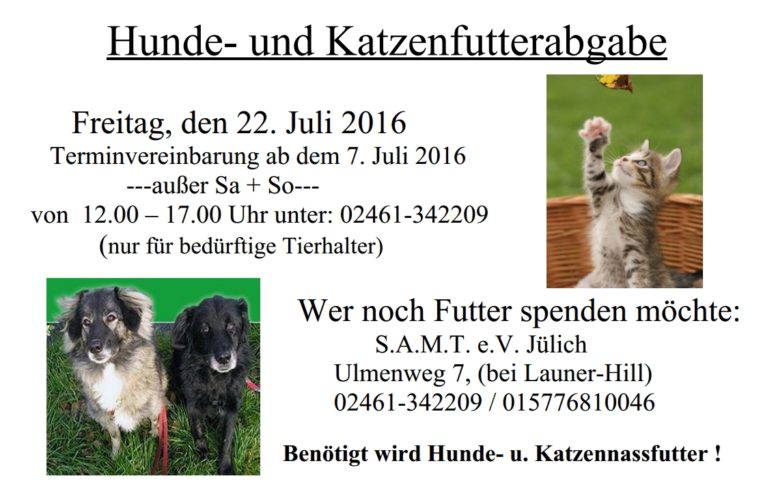 Ankündigung der Tierfutterabage (Info unter www.s-a-m-t.de).