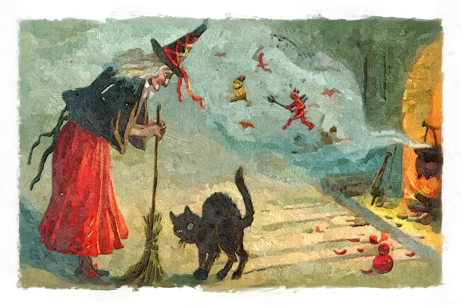 Hexe mit Besen und schwarzer Katze